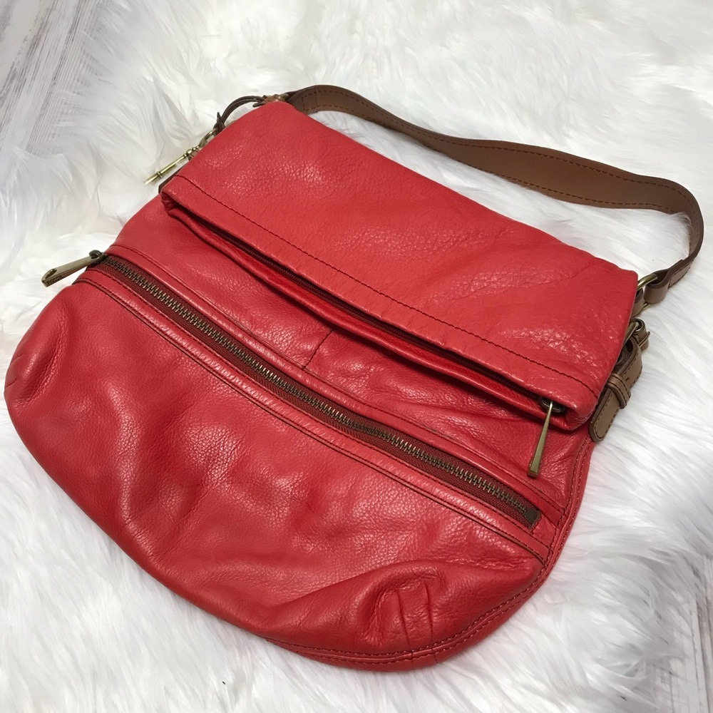 Fossil Red Leather Fold Over Shoulder Bag